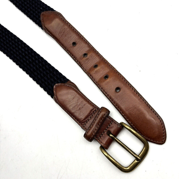 1995 Land's End 37866 Navy Blue Stretch Brown Leather Brass Buckle Belt Men's 38 - Picture 10 of 16